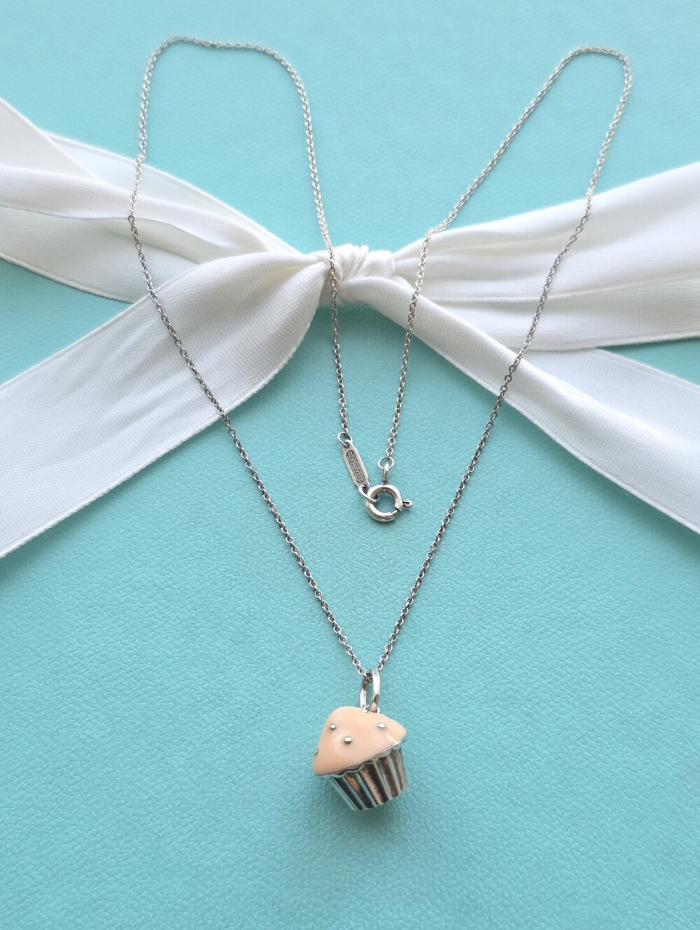 Pink enamel cupcake charm, pendant necklace